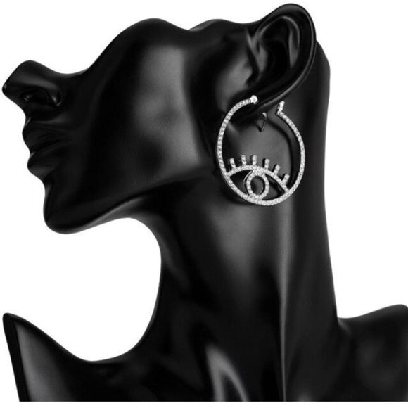 Silver Cubic Zirconia Hoop Round Eye Lash Earrings - Picture 2 of 2